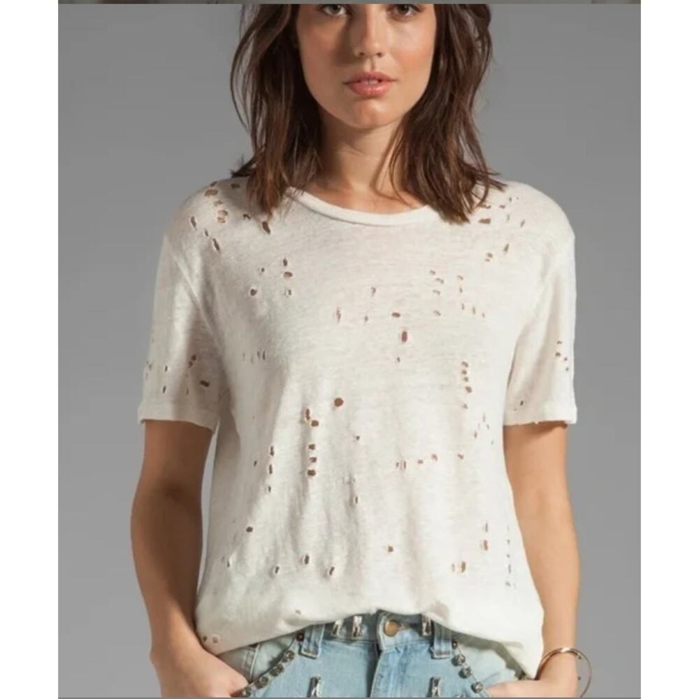 IRO Clay Laser Cut Distress Linen T-Shirt in Cream Womans Large